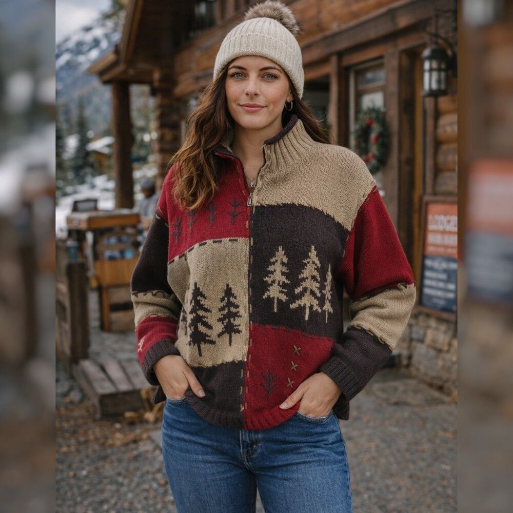 Mandal Bay Patchwork Zip Sweater Womens XXL Lodge Cabin Tree Knit Heritage Cozy
